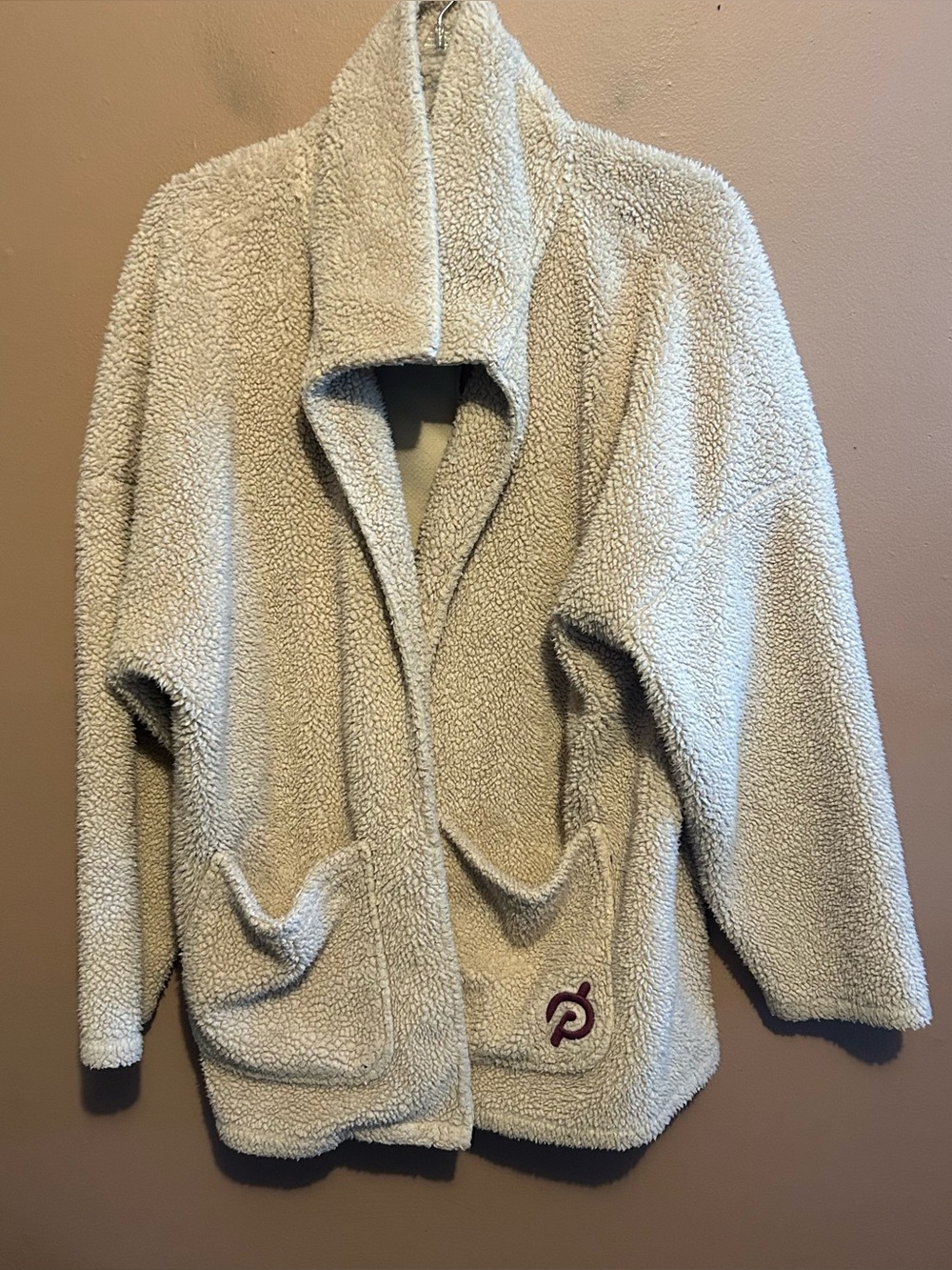 Peloton Sherpa Fleece Open Cardigan Jacket Beige Cozy Womens Large Oversized